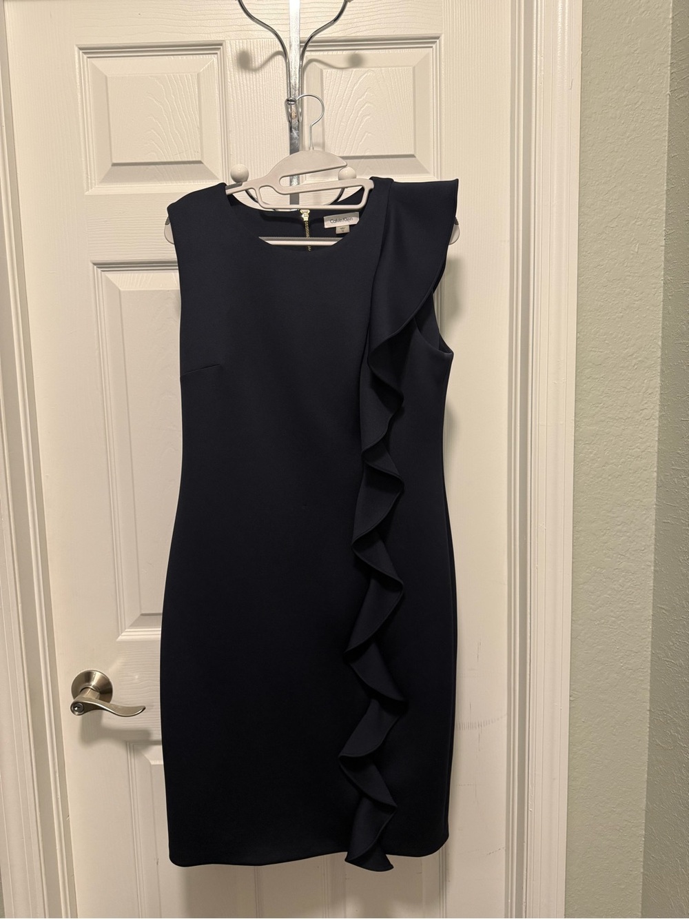 Calvin Klein Navy Sleeveless Ruffle Sheath Midi Dress